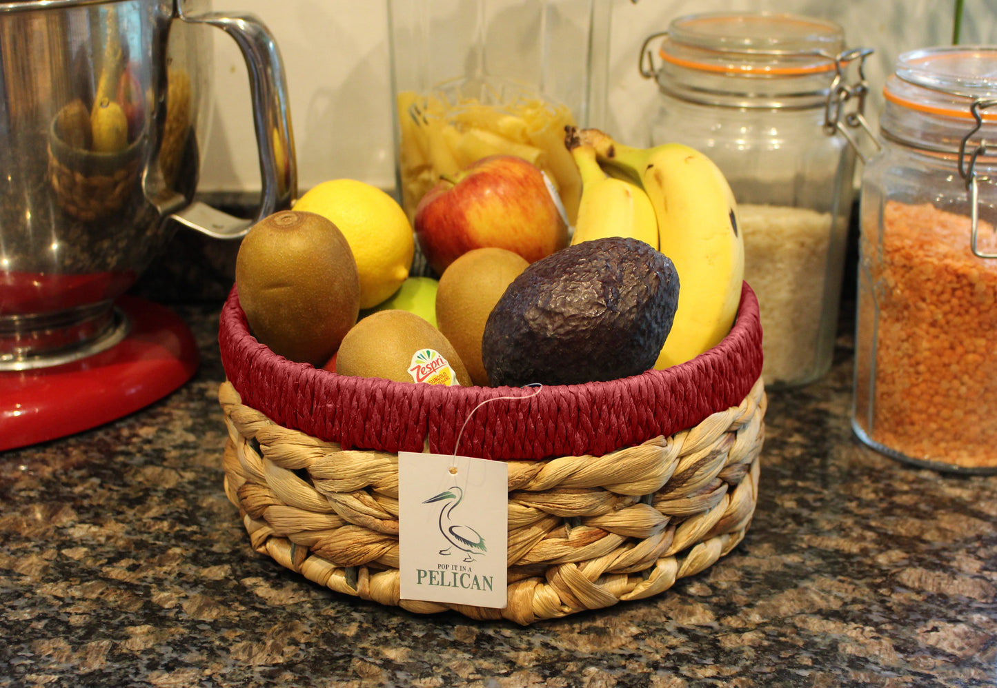 Small water hyacinth round baskets with red edges