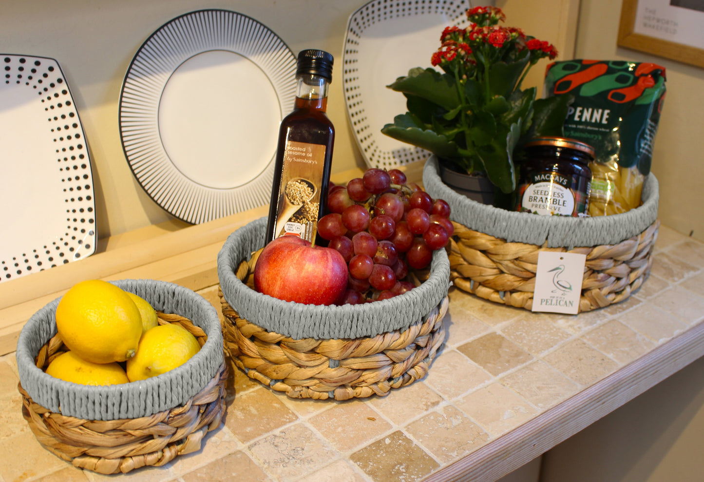 Small water hyacinth round baskets with grey edges