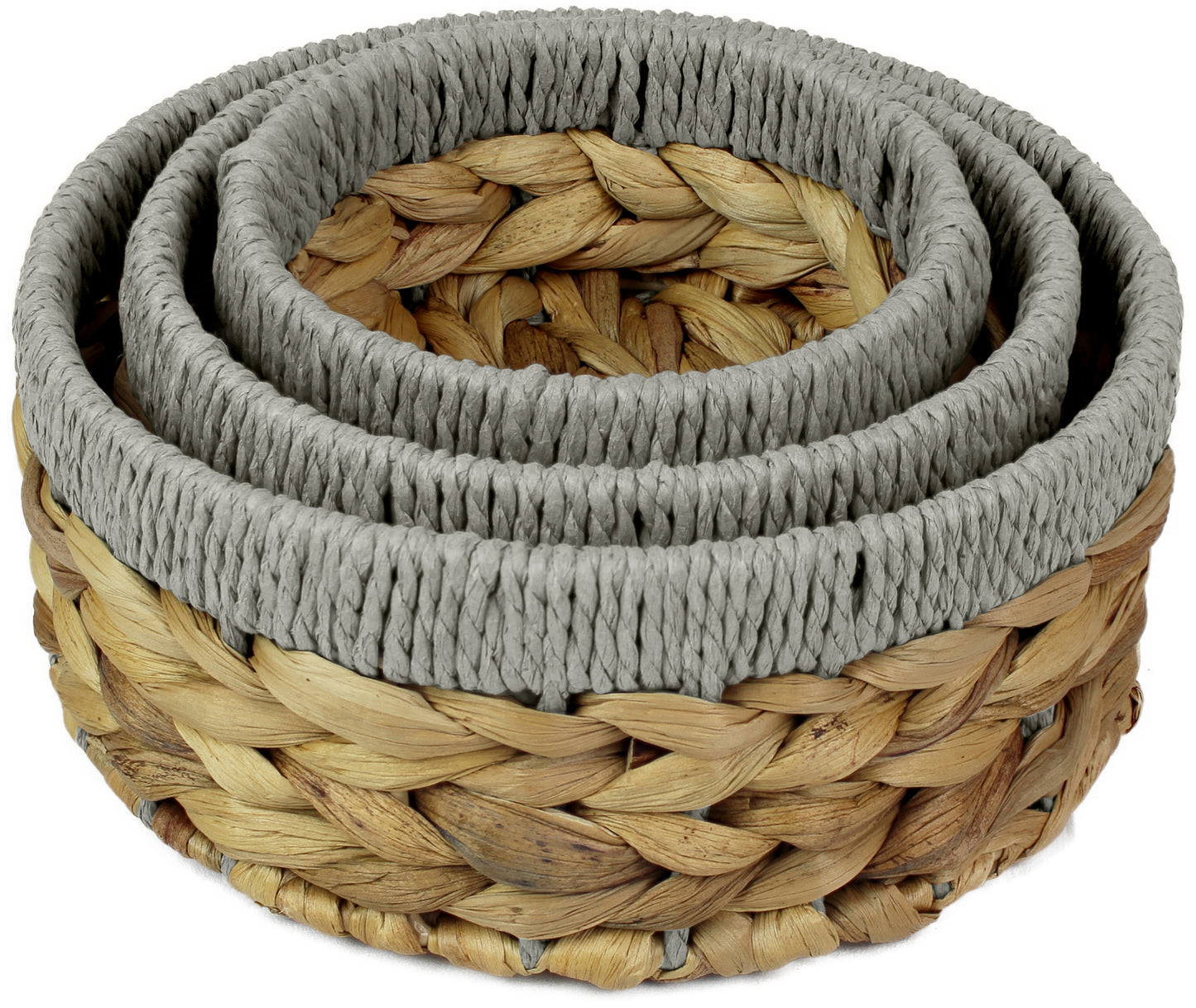 Small water hyacinth round baskets with grey edges
