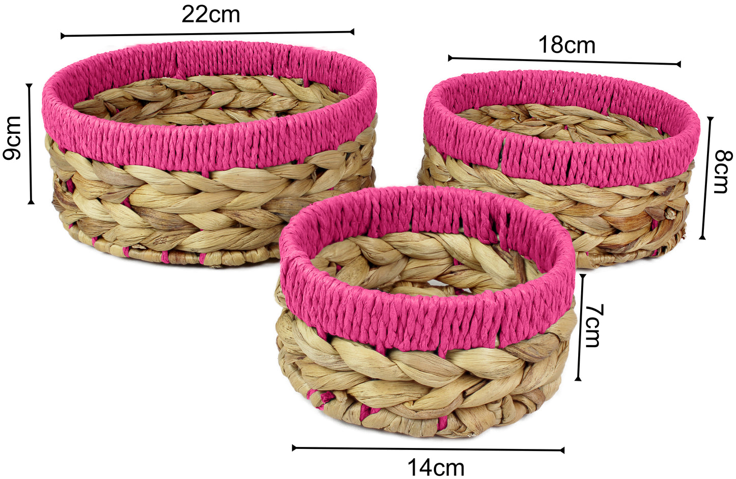 Small water hyacinth round baskets with pink edges