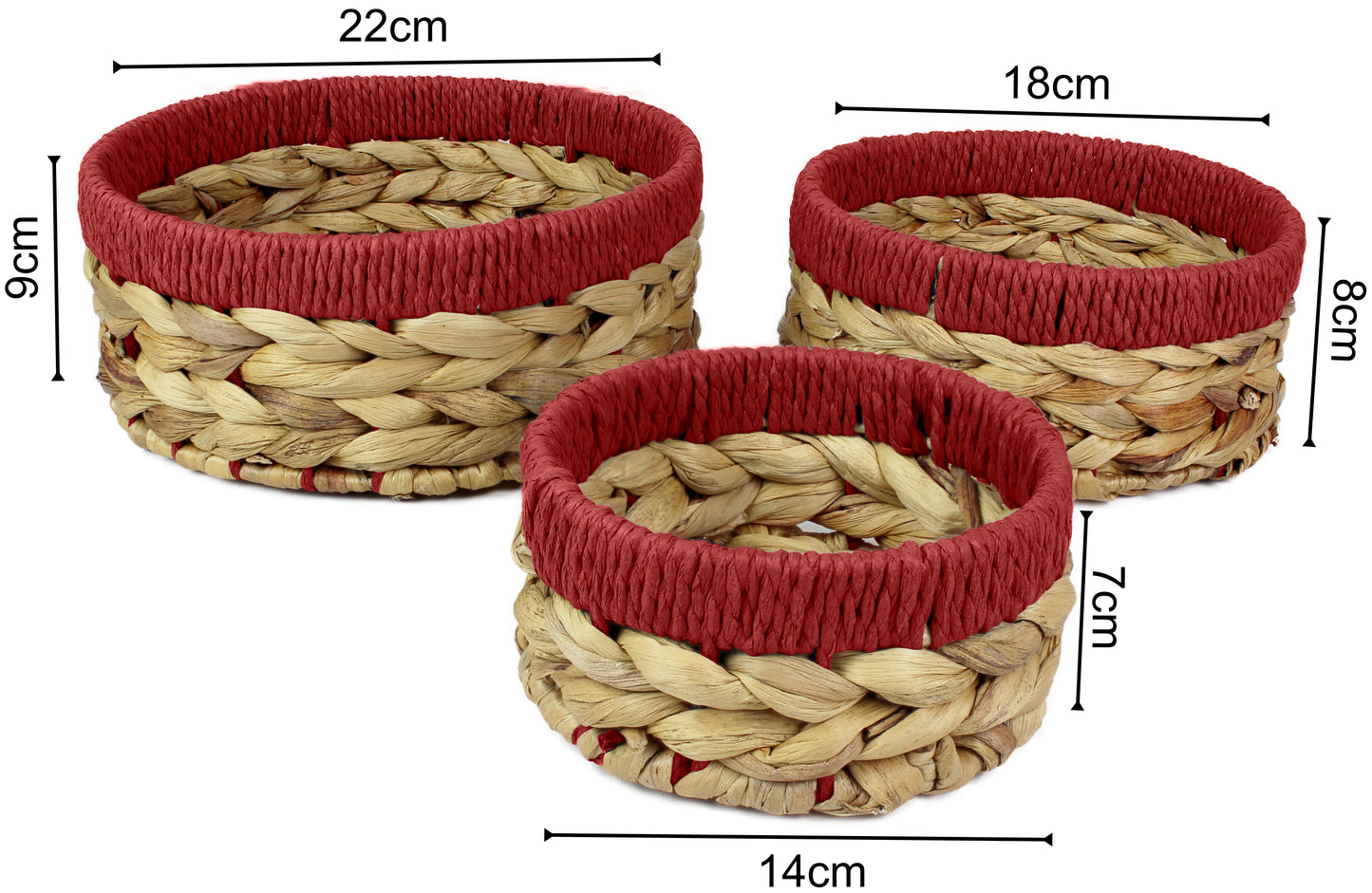 Small water hyacinth round baskets with red edges