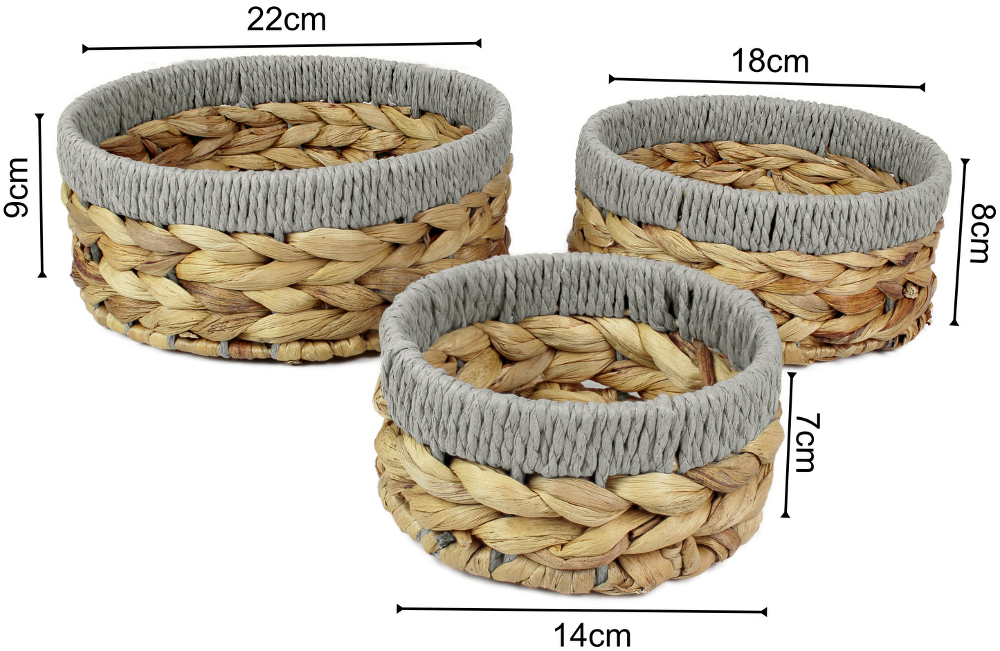 Small water hyacinth round baskets with grey edges