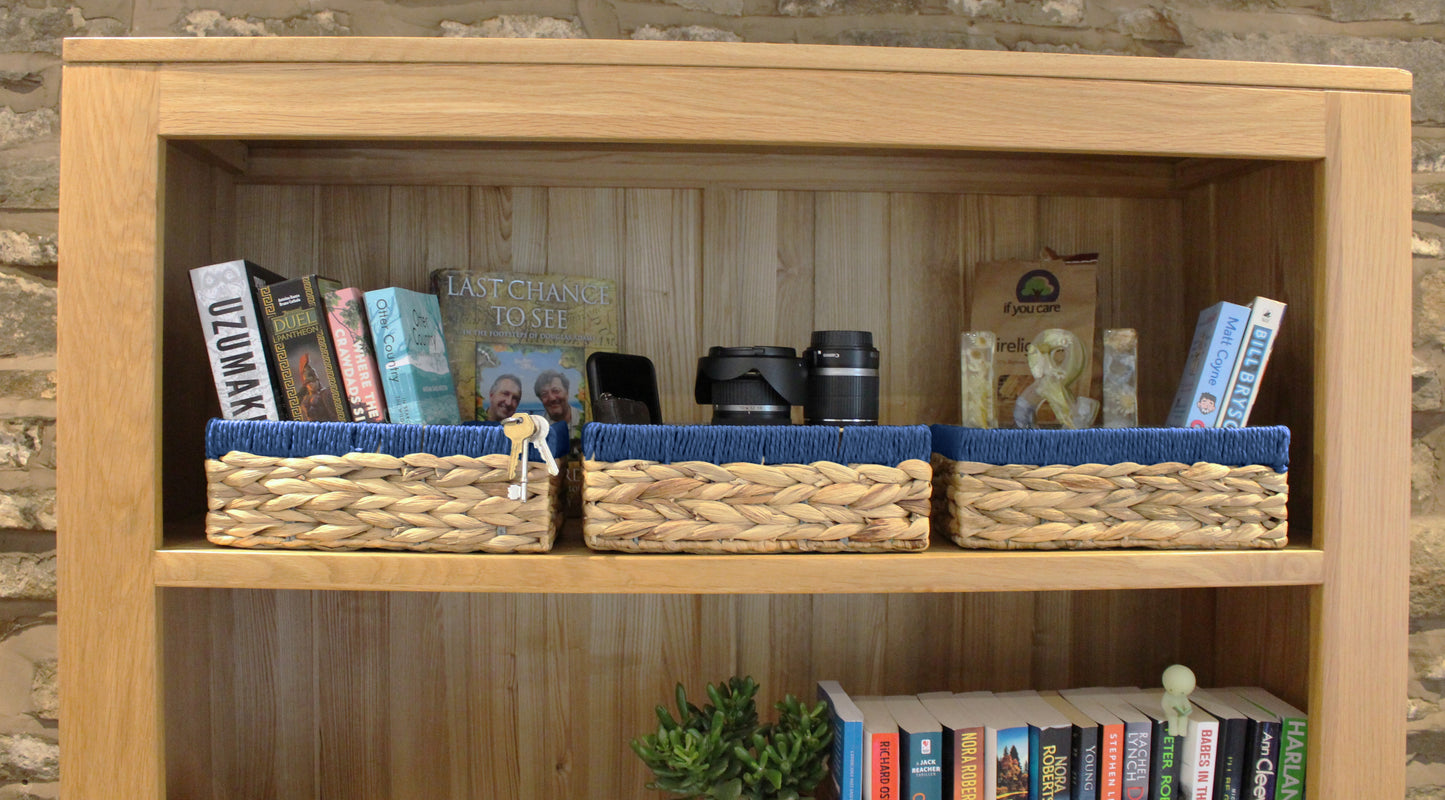 Small water hyacinth rectangular baskets with blue edges.