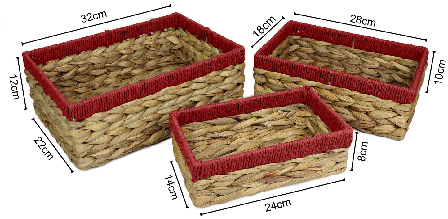 Small water hyacinth rectangular baskets with red edges.
