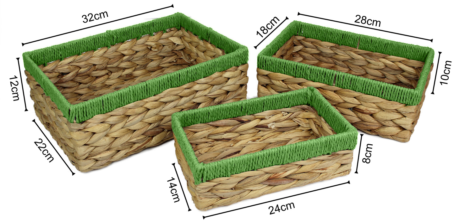 Small water hyacinth rectangular baskets with green edges.
