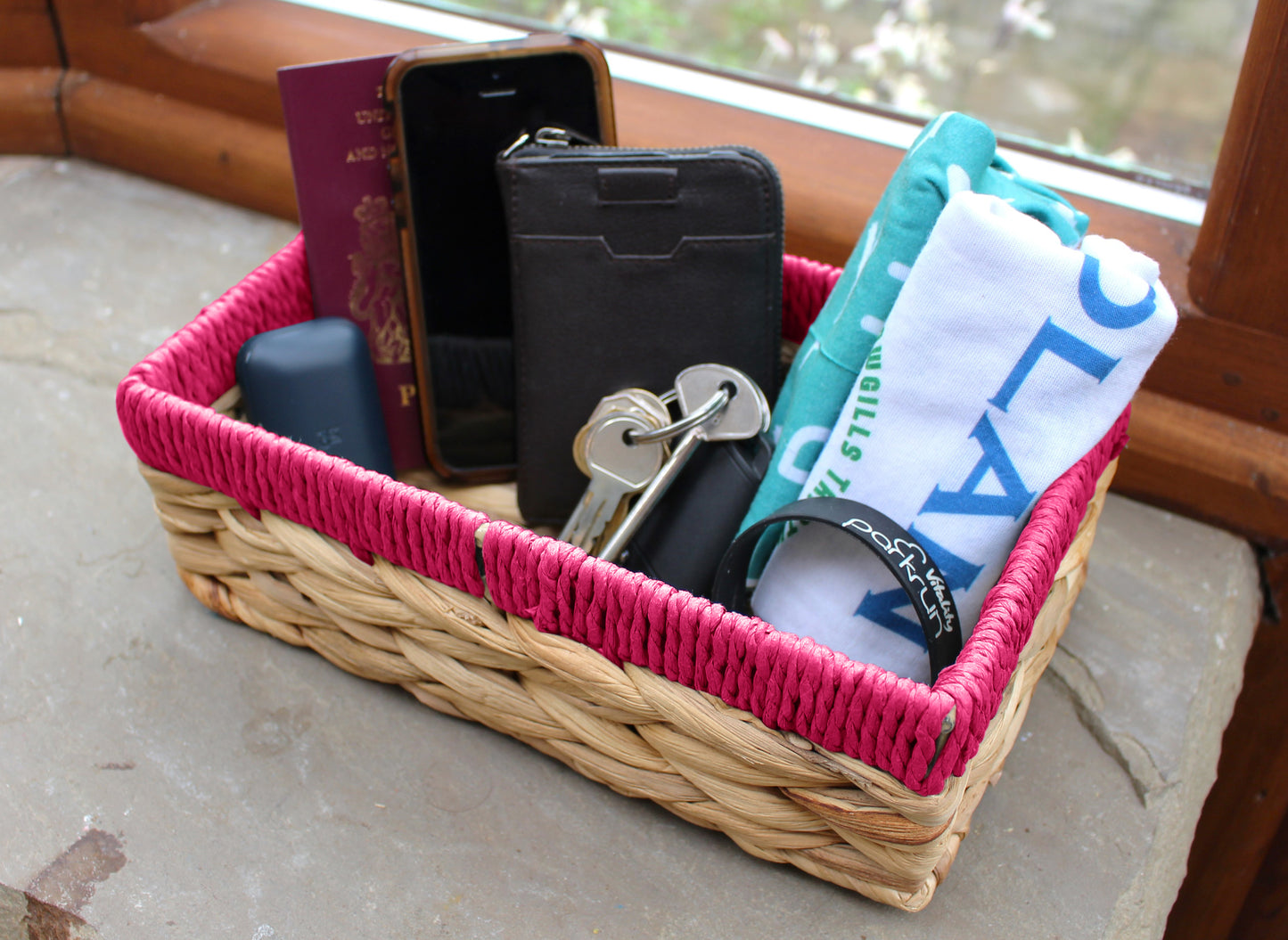 Small water hyacinth rectangular baskets with pink edges