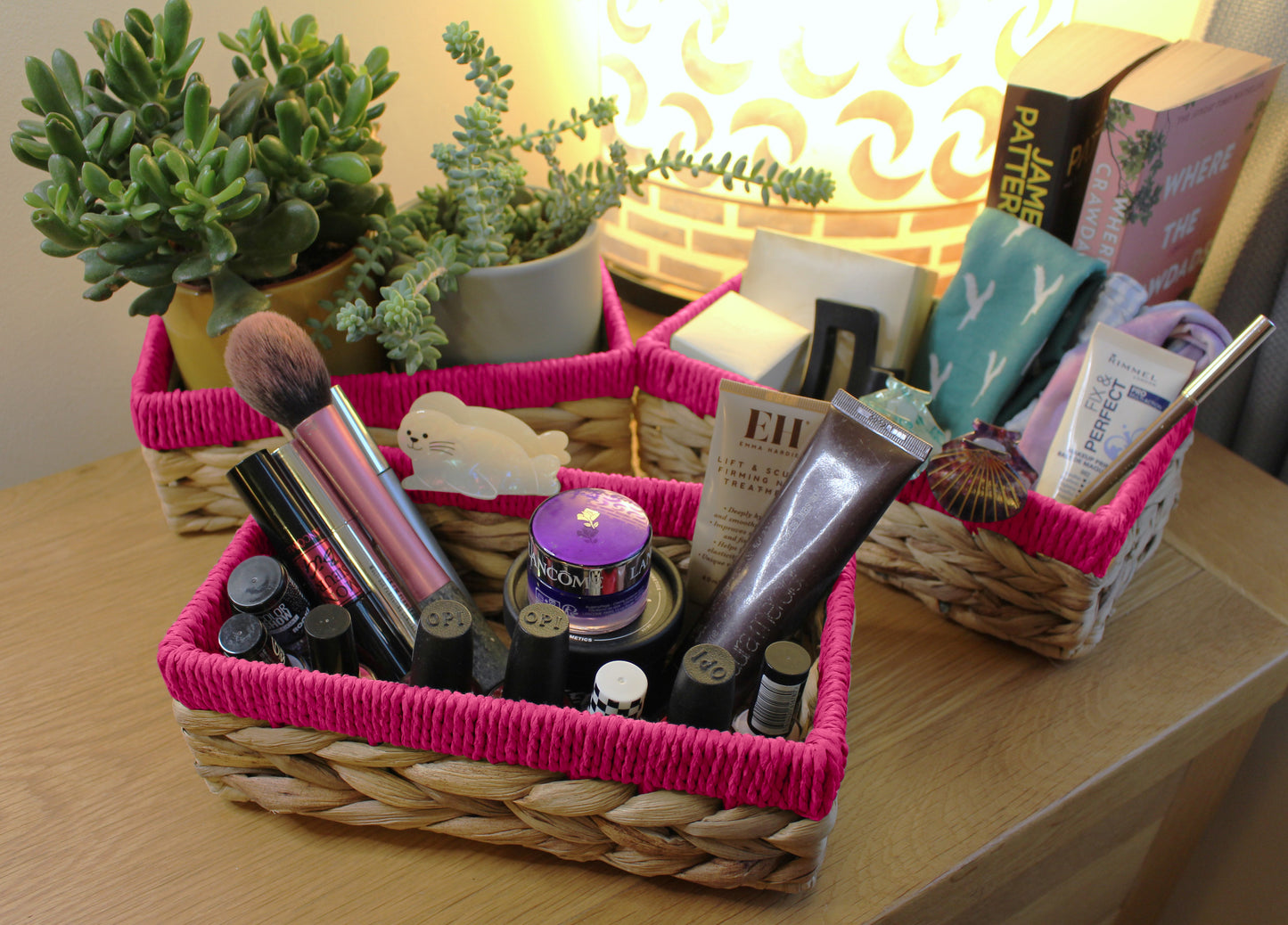 Small water hyacinth rectangular baskets with pink edges