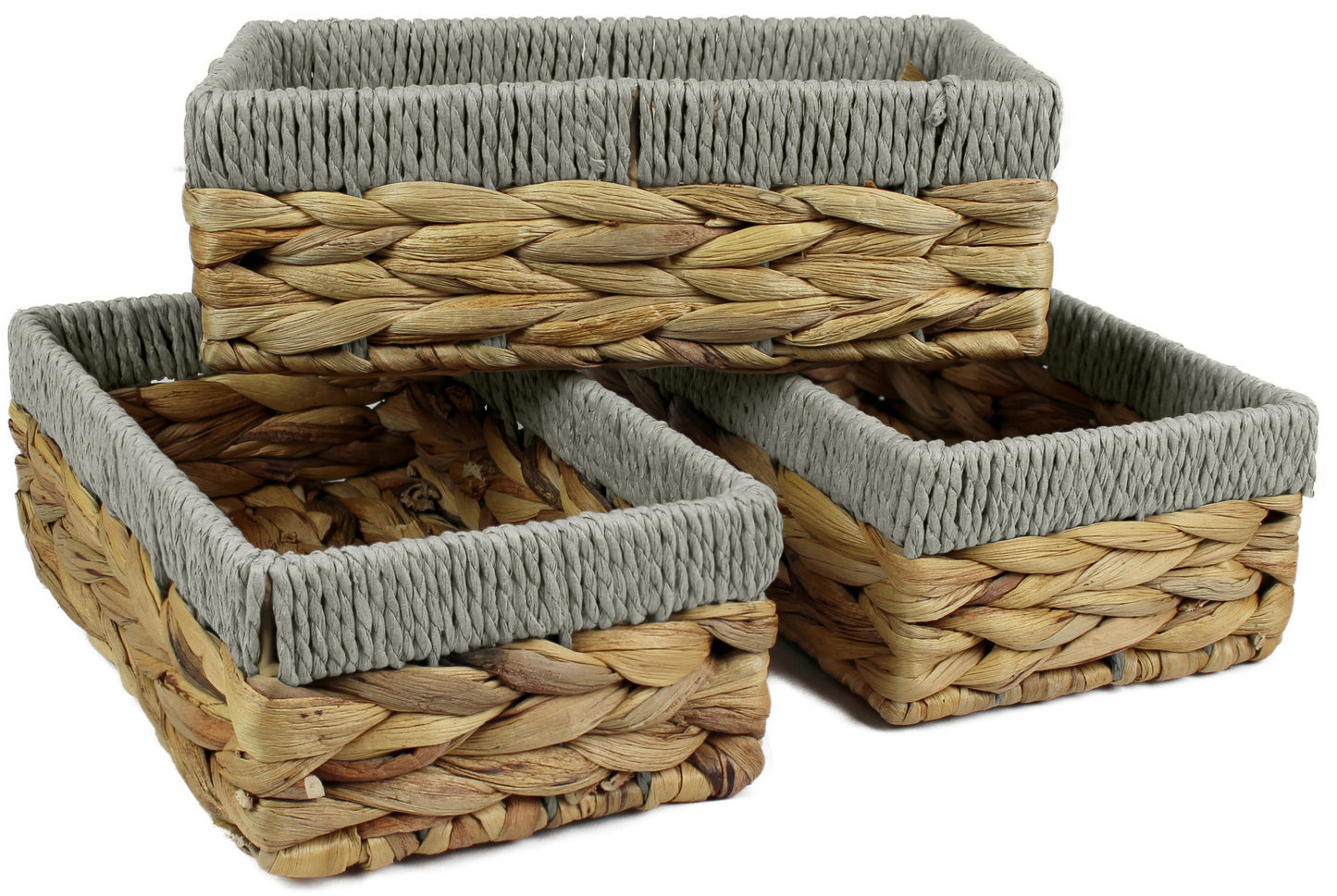 Small water hyacinth rectangular baskets with grey edges.