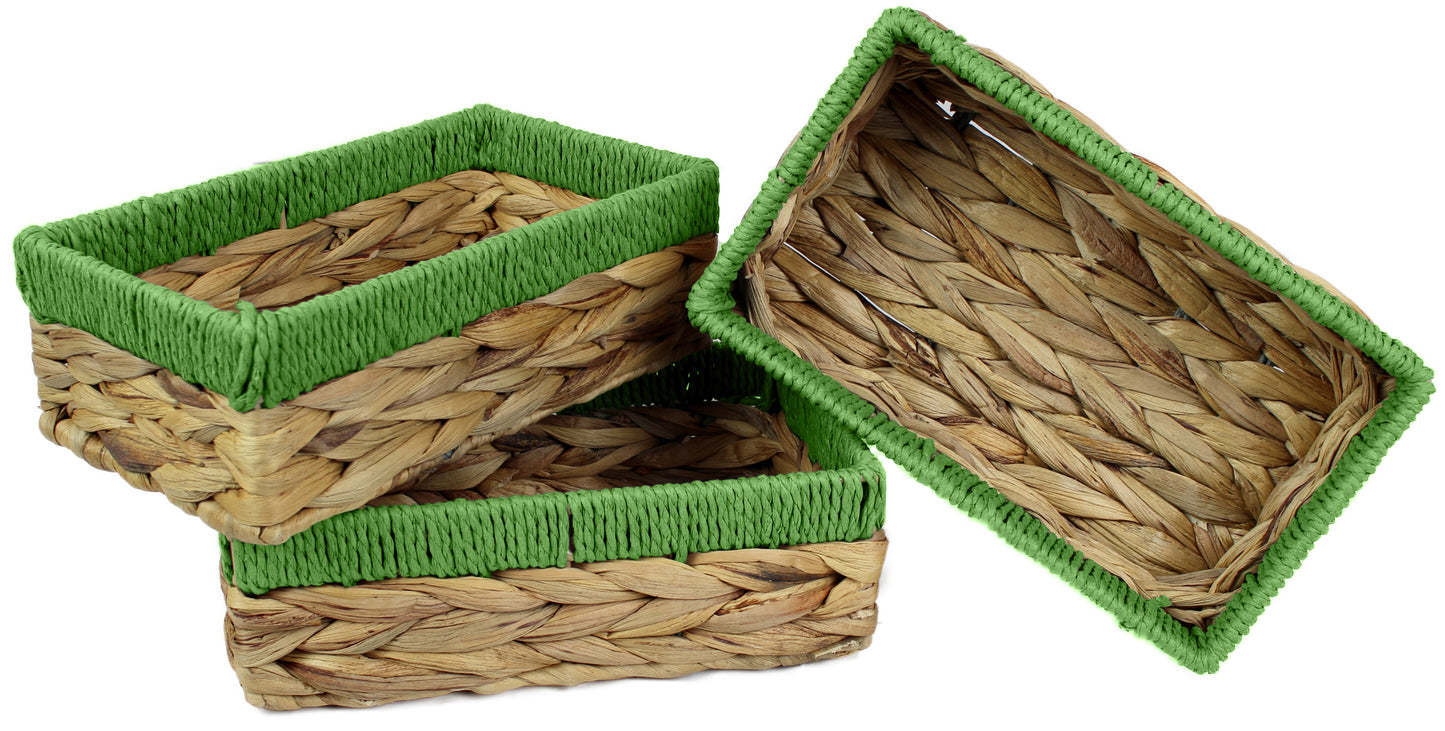 Small water hyacinth rectangular baskets with green edges.