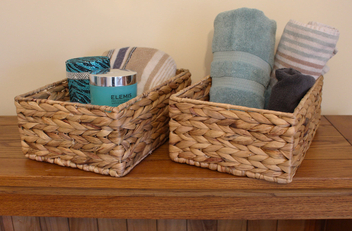 Small water hyacinth rectangular baskets in natural colour.