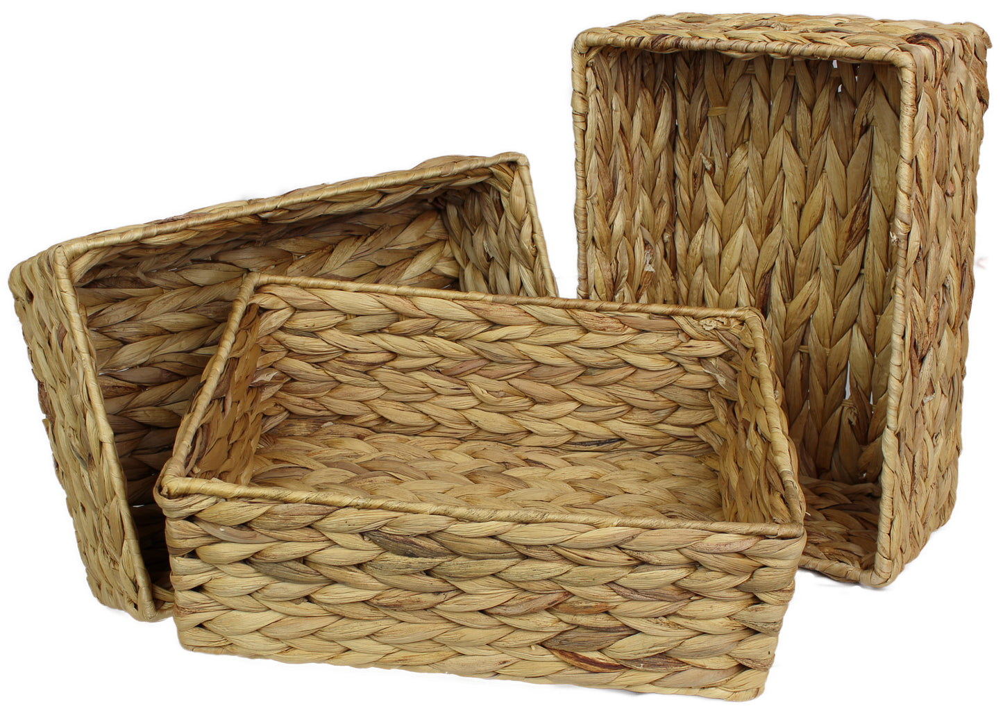 Small water hyacinth rectangular baskets in natural colour.