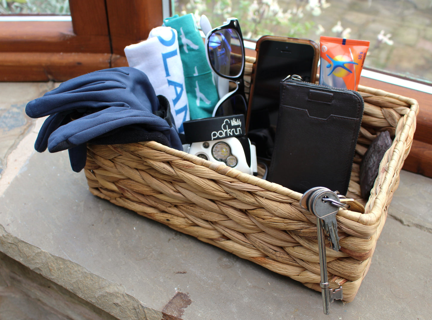Small water hyacinth rectangular baskets in natural colour.