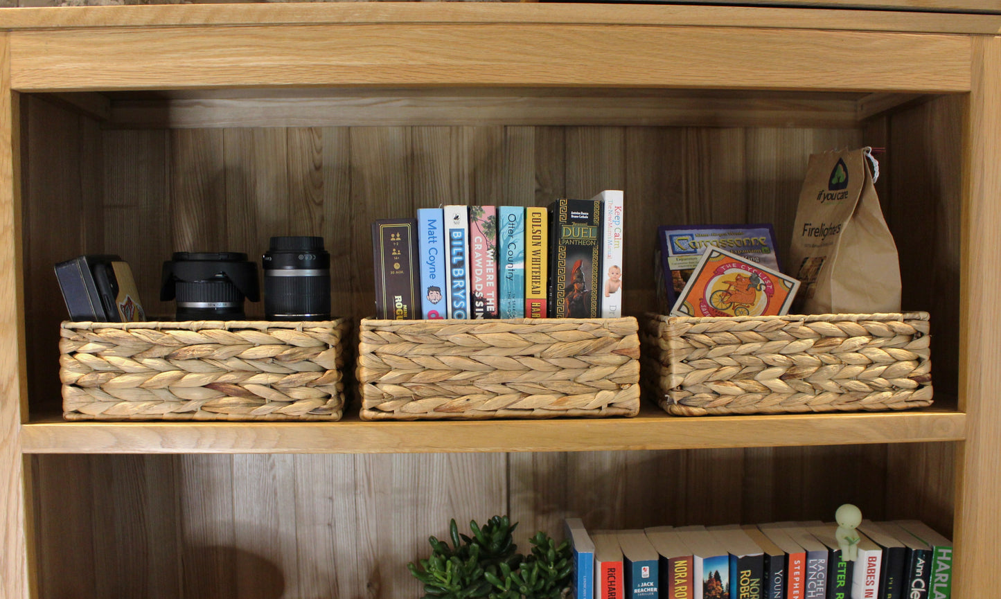 Small water hyacinth rectangular baskets in natural colour.