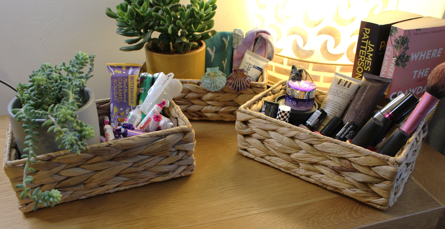 Small water hyacinth rectangular baskets in natural colour.