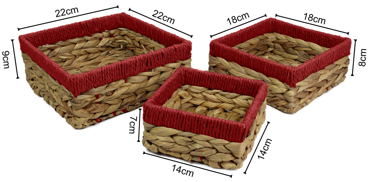 Small water hyacinth square baskets with red edges