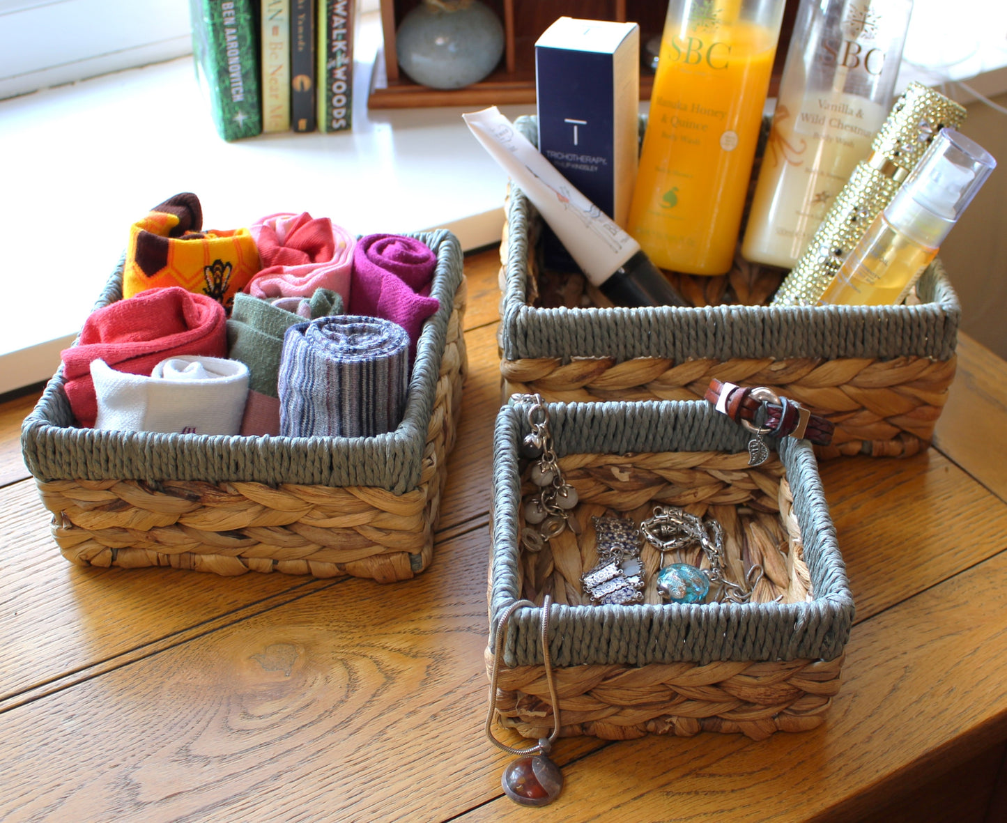 Small water hyacinth square baskets with light grey edges