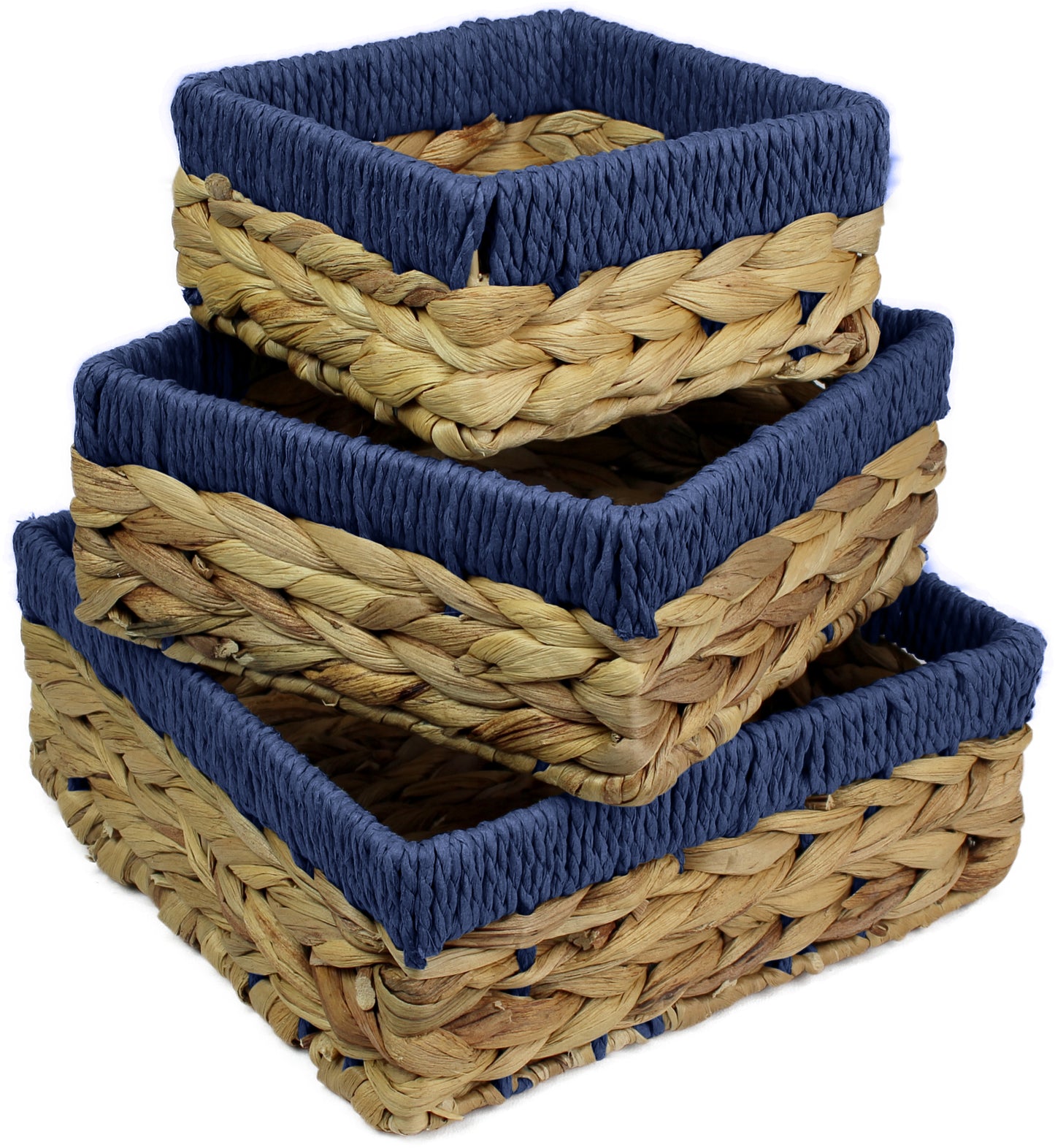 Small water hyacinth square baskets with blue edges.