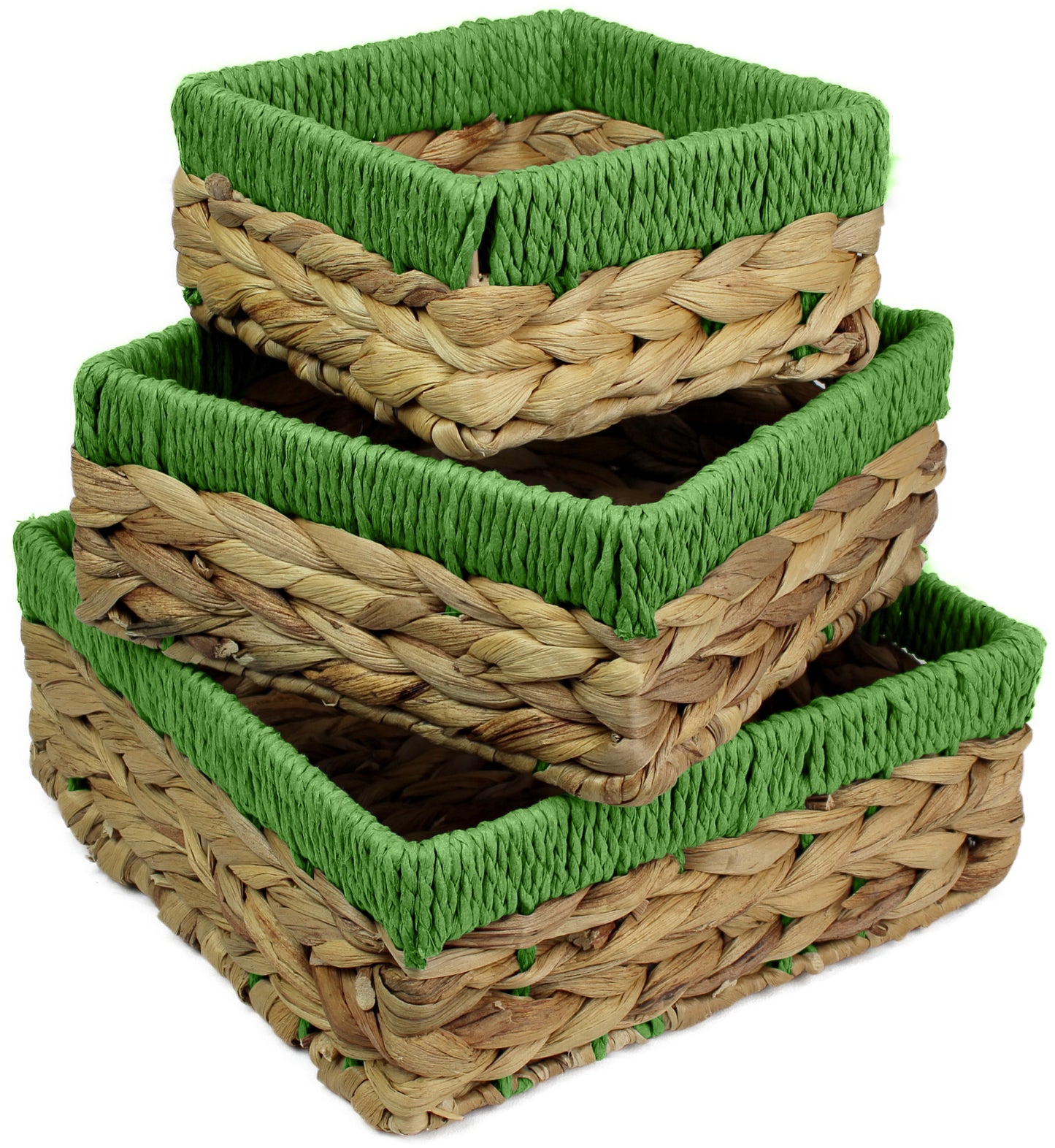 Small water hyacinth square baskets with green edges.
