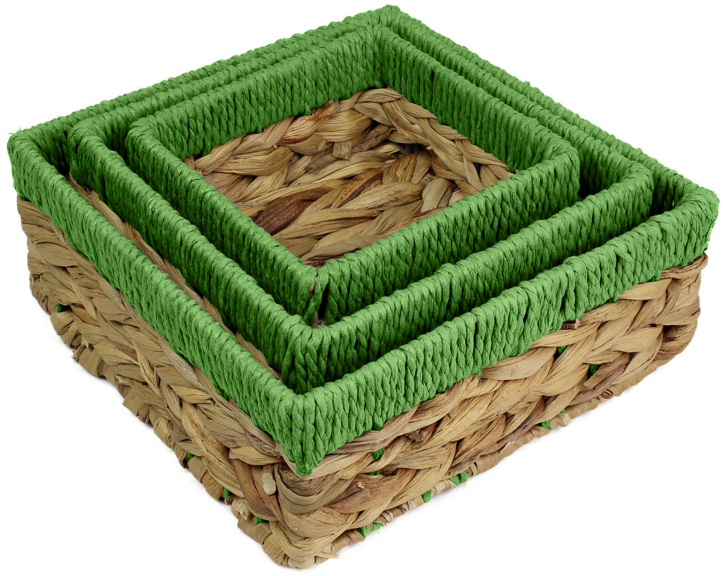 Small water hyacinth square baskets with green edges.