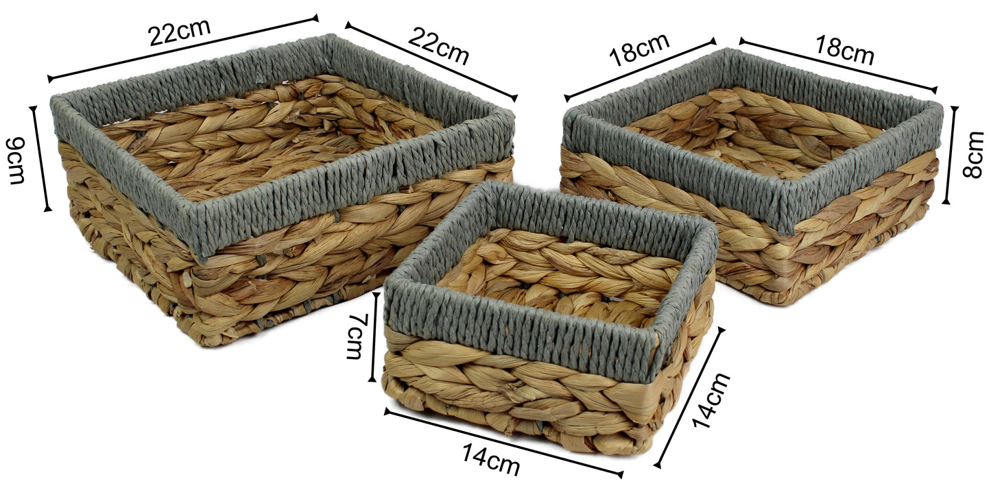 Small water hyacinth square baskets with light grey edges