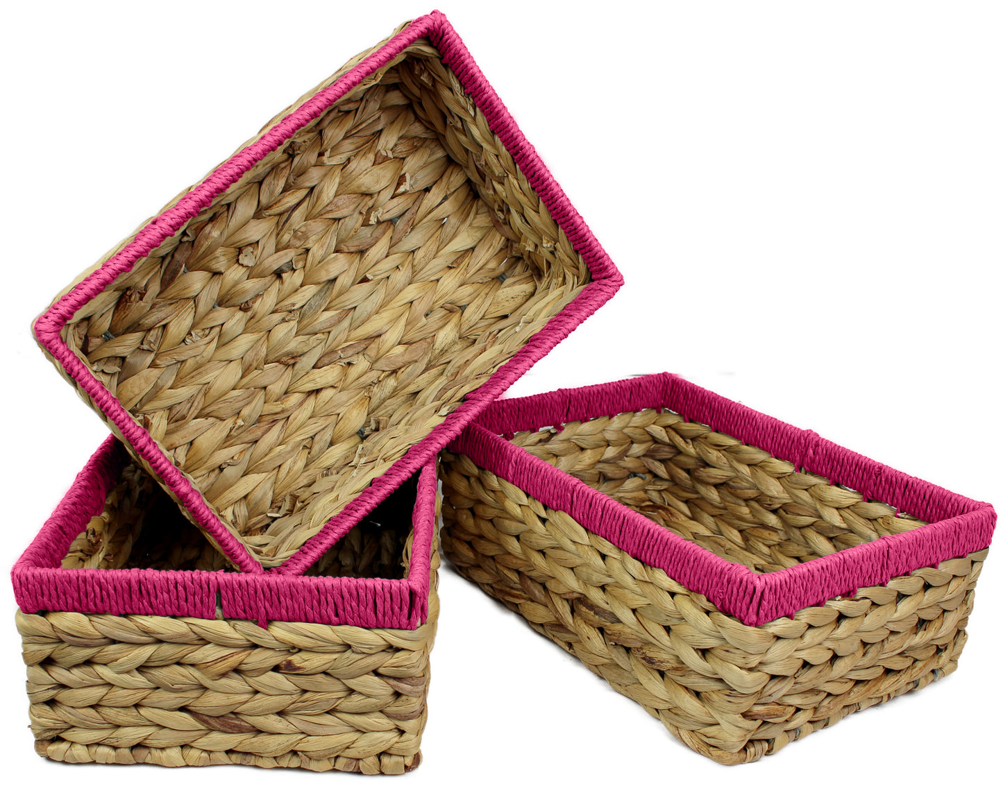 Small water hyacinth rectangular baskets with pink edges