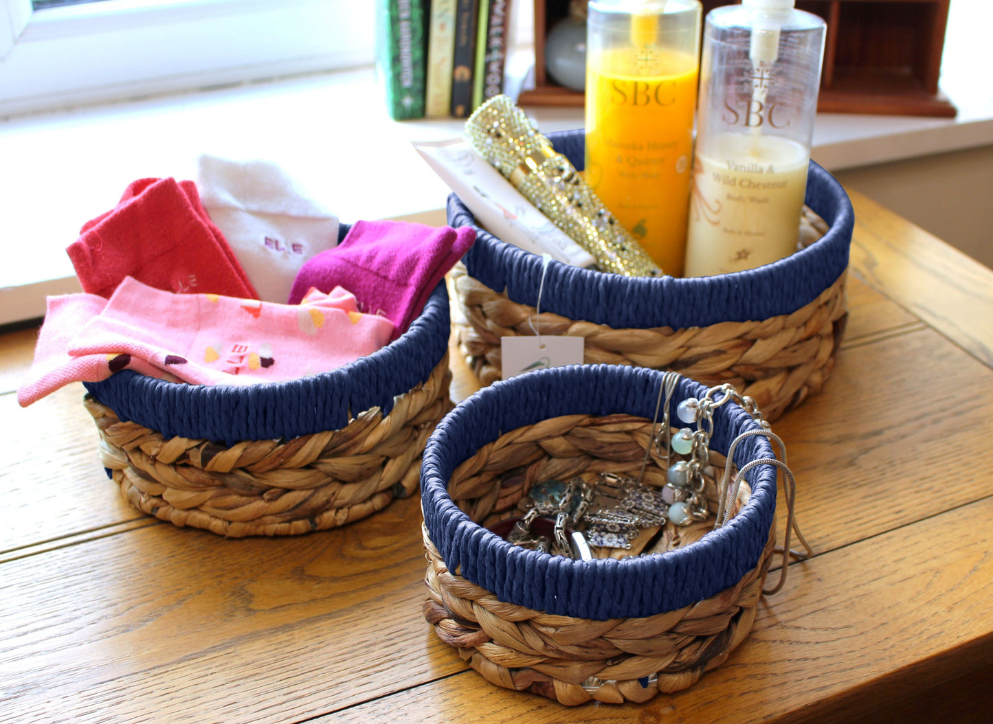 Small water hyacinth round baskets with blue edges
