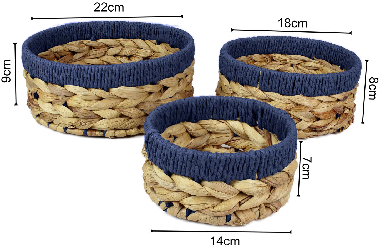 Small water hyacinth round baskets with blue edges