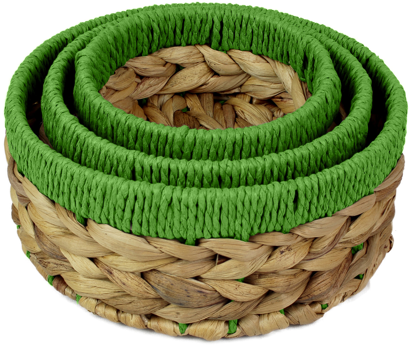 Small water hyacinth round baskets with green edges
