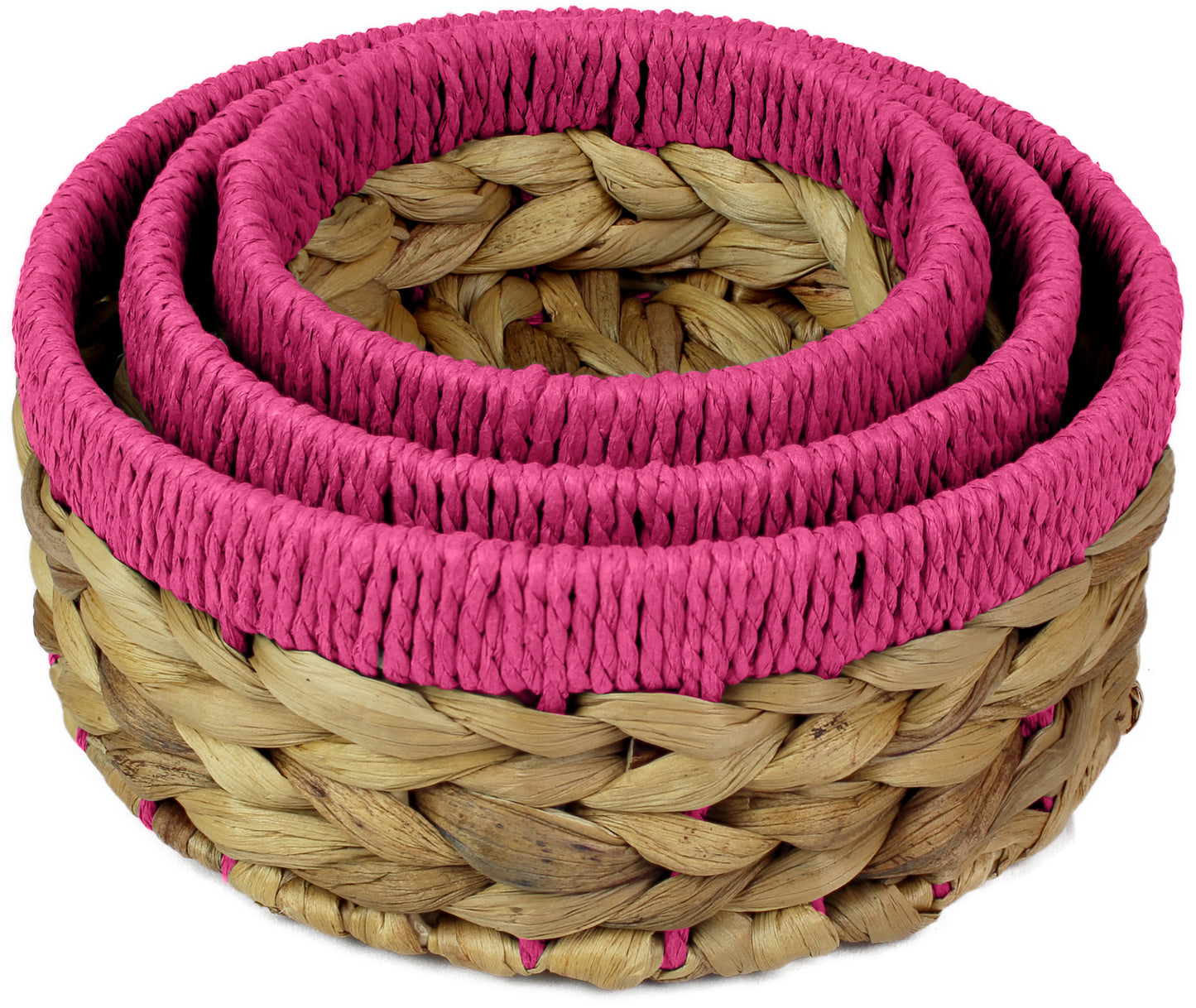 Small water hyacinth round baskets with pink edges