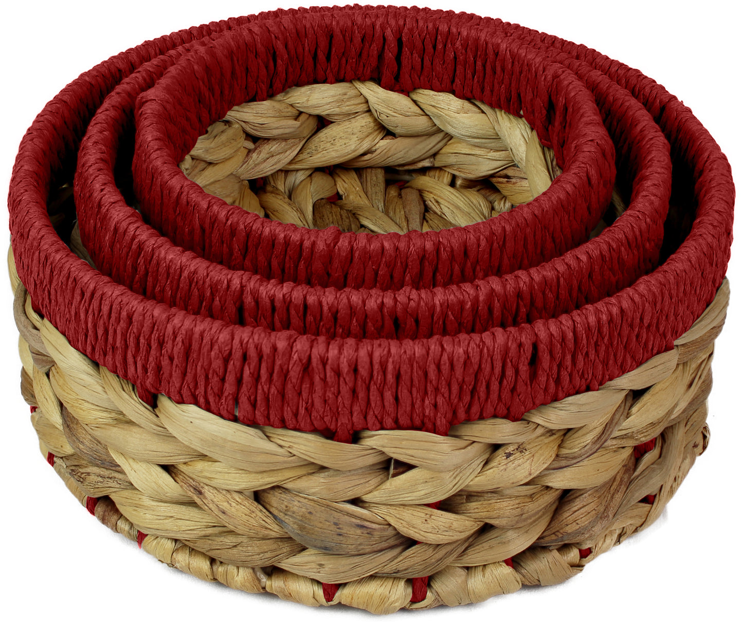 Small water hyacinth round baskets with red edges