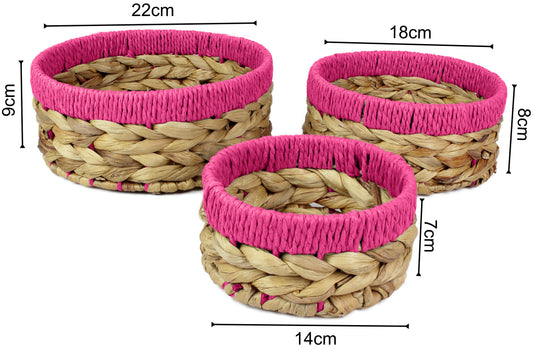 Small water hyacinth round baskets with pink edges