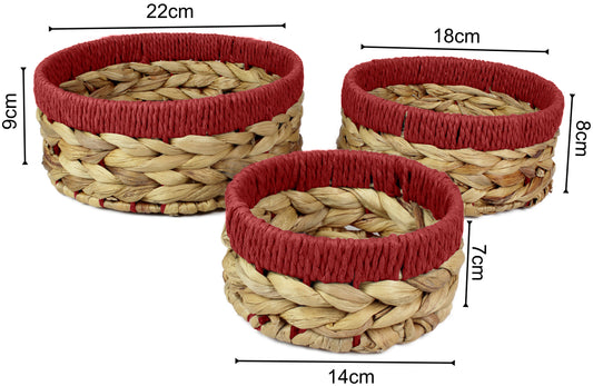 Small water hyacinth round baskets with red edges