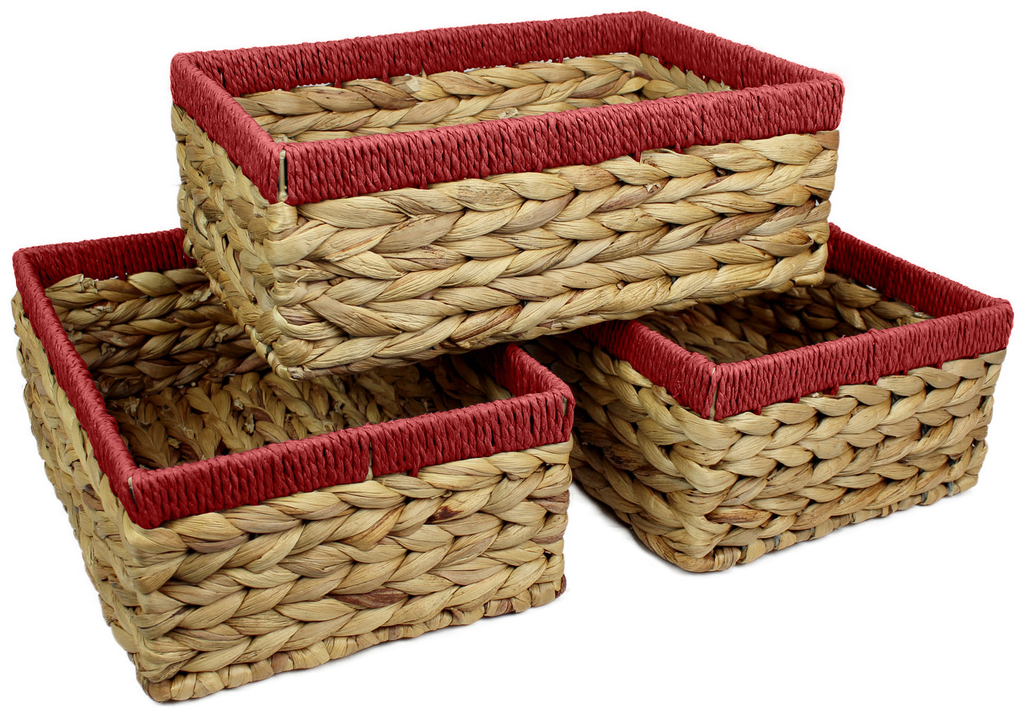 Small water hyacinth rectangular baskets with red edges.