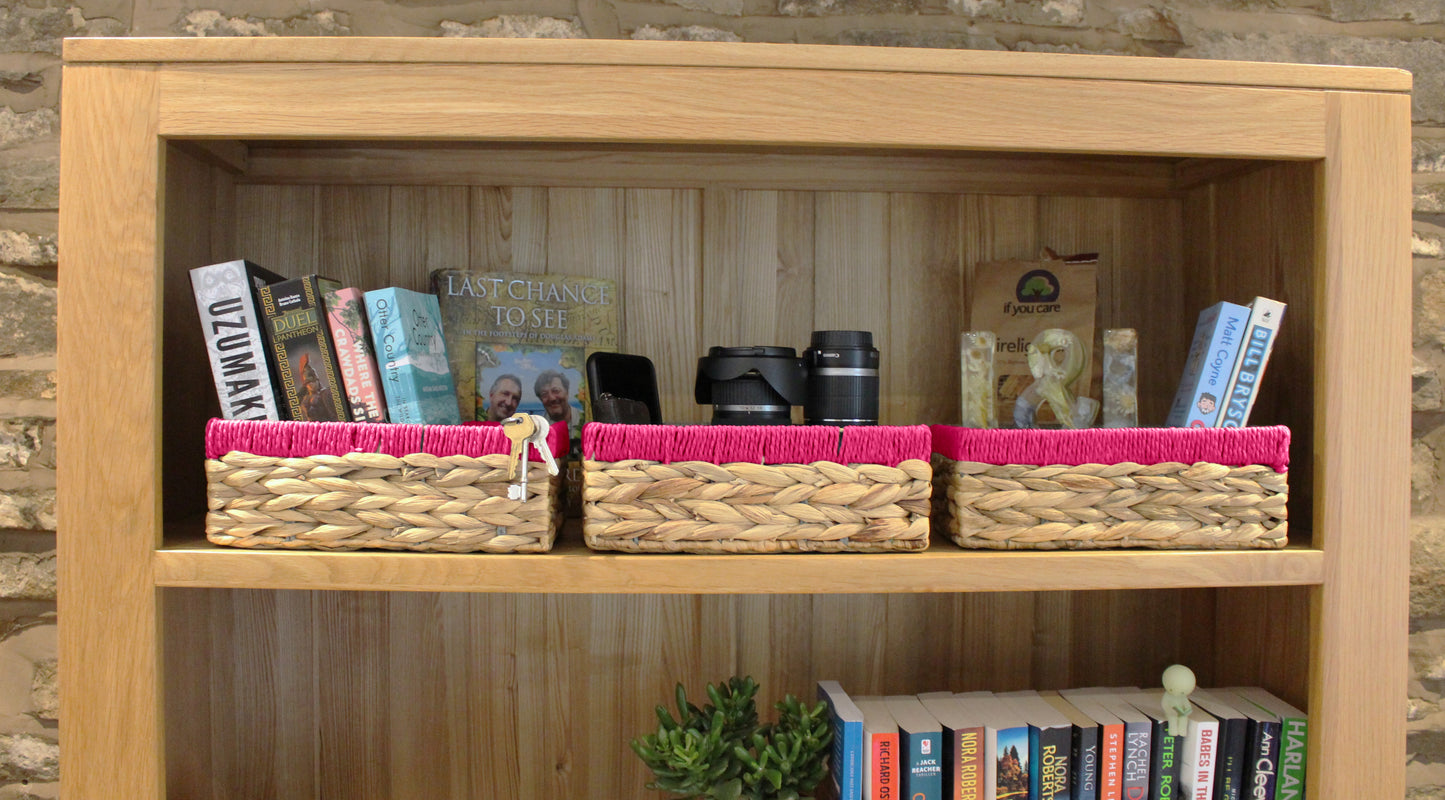 Small water hyacinth rectangular baskets with pink edges
