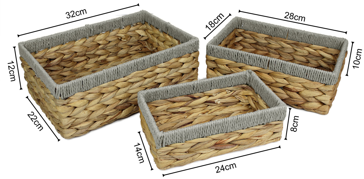 Small water hyacinth rectangular baskets with grey edges.