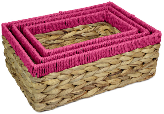 Small water hyacinth rectangular baskets with pink edges