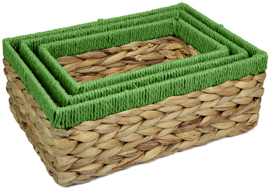 Small water hyacinth rectangular baskets with green edges.