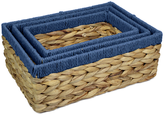 Small water hyacinth rectangular baskets with blue edges.
