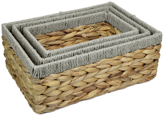 Small water hyacinth rectangular baskets with grey edges.