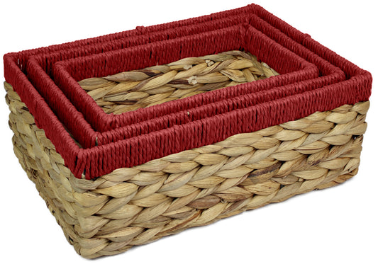 Small water hyacinth rectangular baskets with red edges.