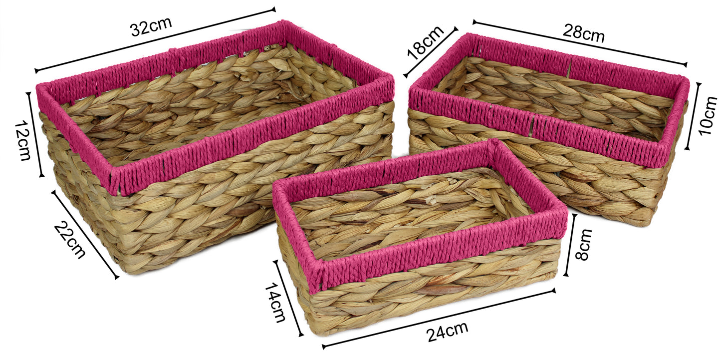 Small water hyacinth rectangular baskets with pink edges