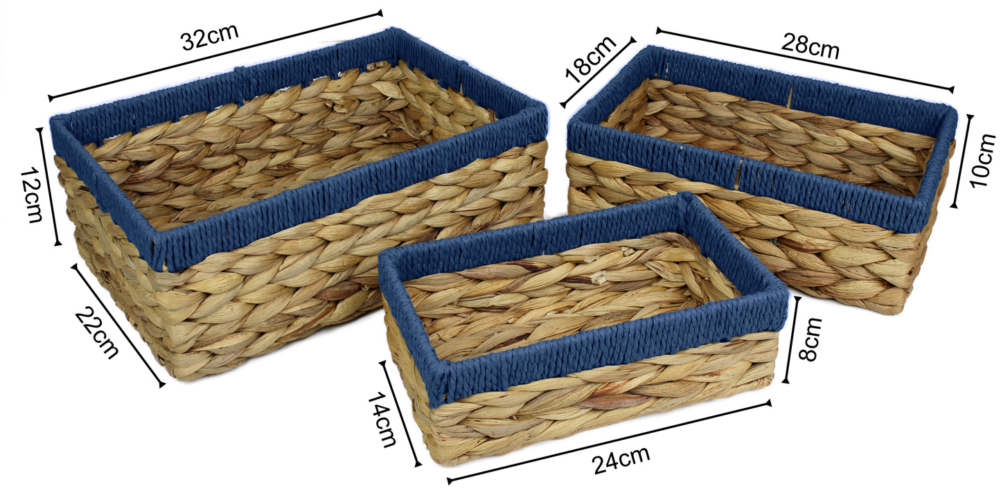 Small water hyacinth rectangular baskets with blue edges.