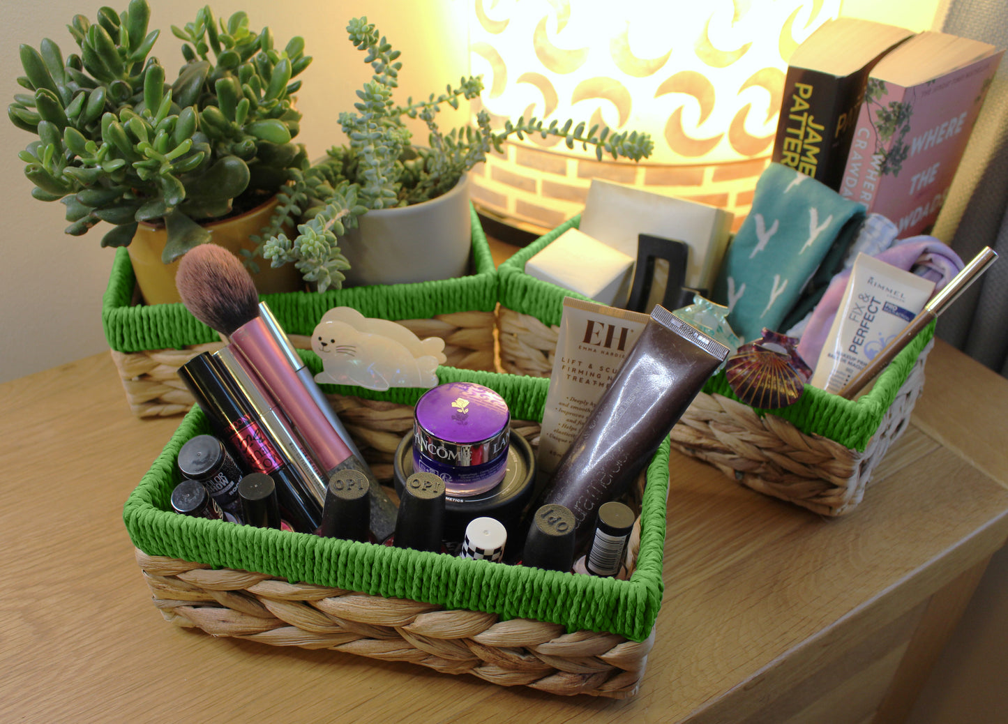 Small water hyacinth rectangular baskets with green edges.