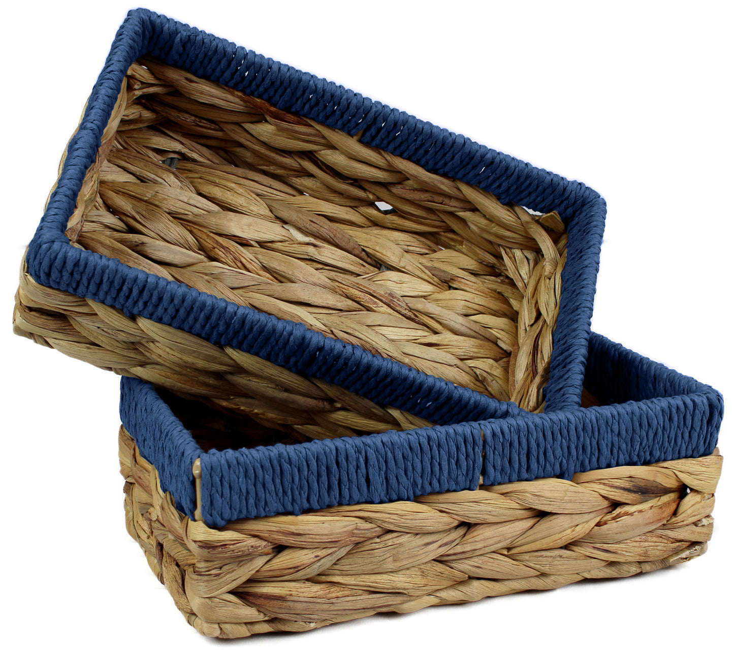 Small water hyacinth rectangular baskets with blue edges.