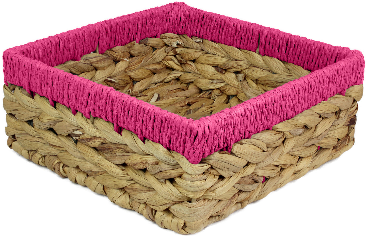 Small water hyacinth square baskets with pink edges.
