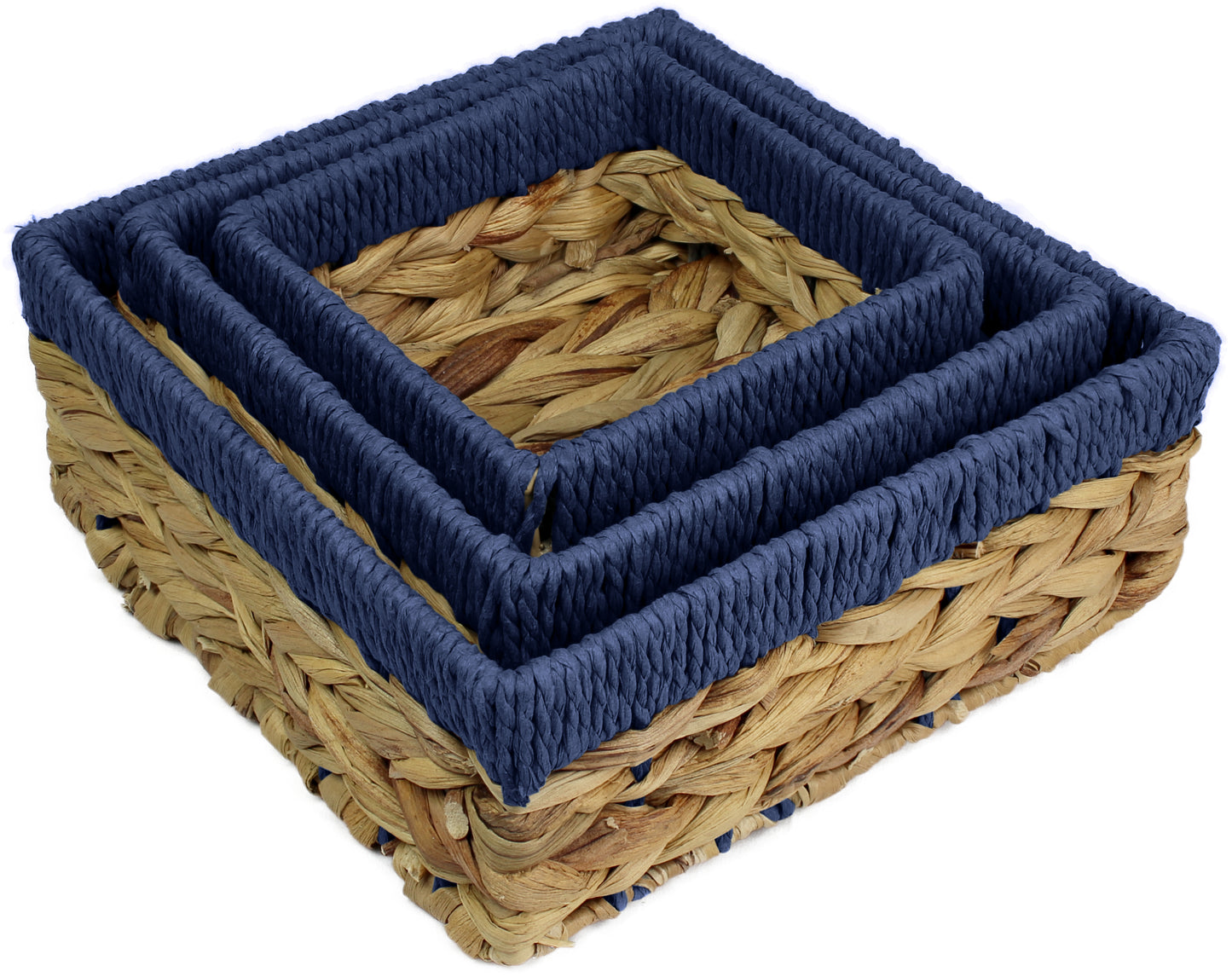 Small water hyacinth square baskets with blue edges.