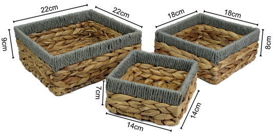 Small water hyacinth square baskets with light grey edges