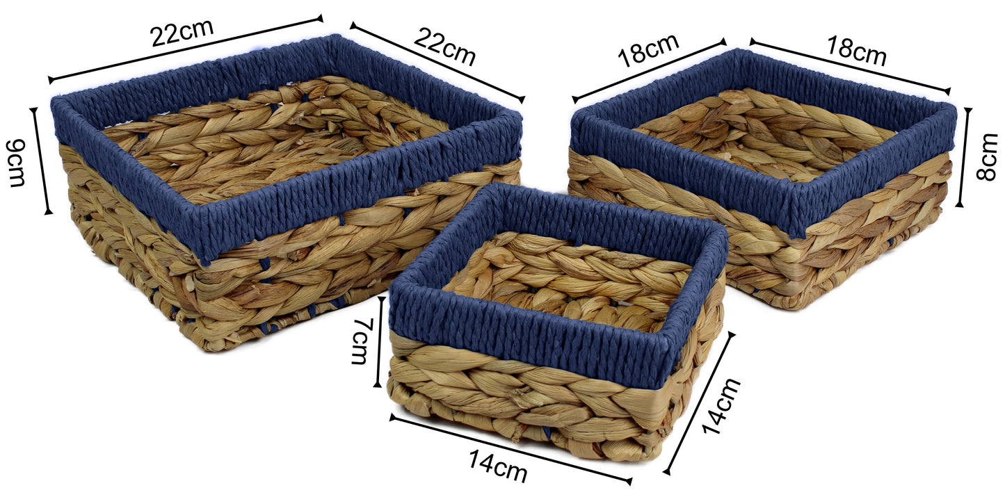 Small water hyacinth square baskets with blue edges.