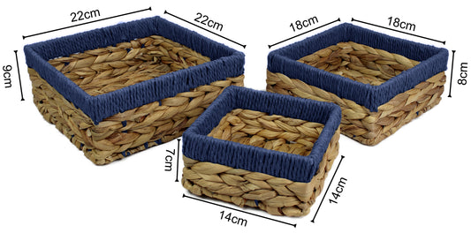 Small water hyacinth square baskets with blue edges.