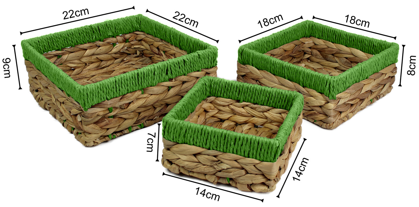 Small water hyacinth square baskets with green edges.
